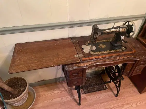 Antique 1890s Foot Pedal Sewing Machine, white brand, Folds away into table