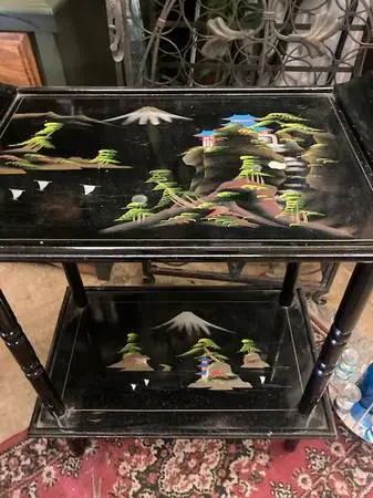 Mid Century Asian Oriental Bar or Tea Cart on Wheels