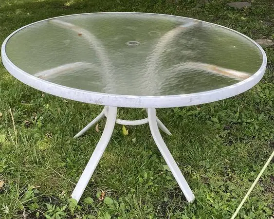White Metal Outdoor Patio Glass Umbrella Table 47 Diameter 28 Tall