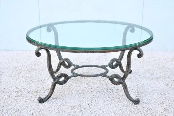 Vintage French Style Wrought Iron and Glass Oval Coffee Table