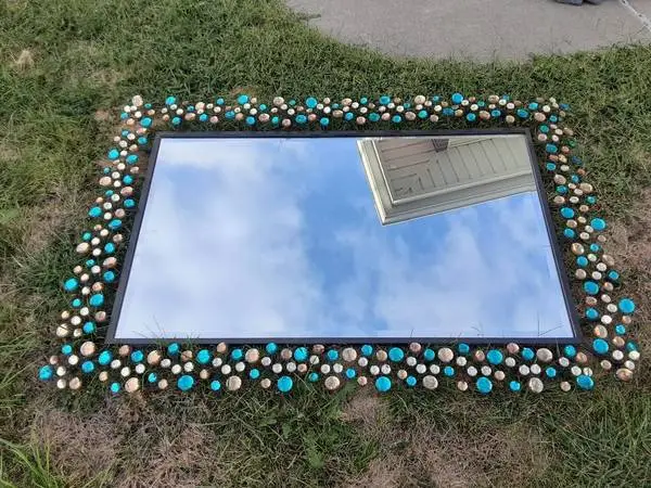 Heavy Metal Wall MIRROR with Colored Glass Beads - 48L X 31W