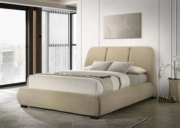 Modern Queen Platform Bed in Soft Brown Upholstery!