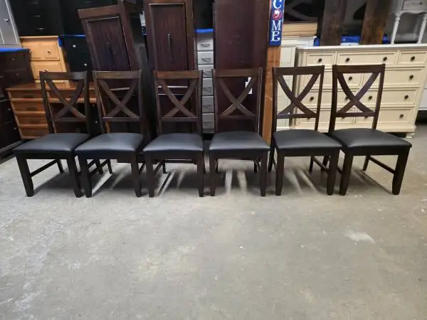 Set of 6 Modern Espresso / Black Leather Dining Room Chairs
