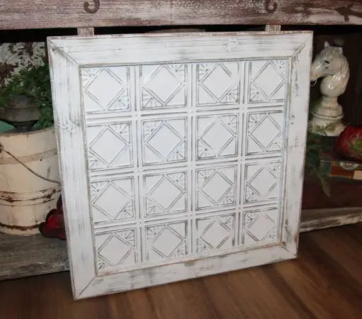 LARGE 28 White Shabby Distressed Framed Metal Farmhouse Wall Tile