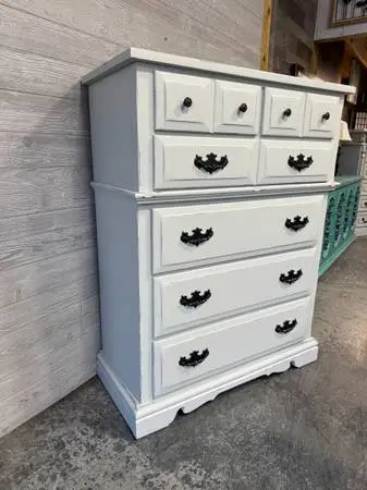Farmhouse CHEST /aka tall dresser-white distressed-“Misty”