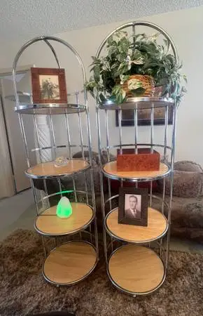 Vintage Mid Century Chrome/Wood Dome Étagère Shelves--Pair, Delivery Avail. -
