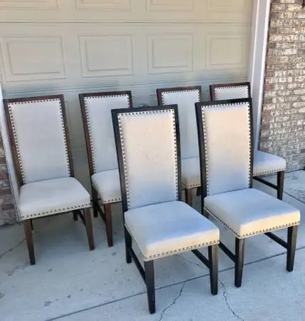 RH- RESTORATION Hardware table & 6 WORLD MARKET modern chairs.