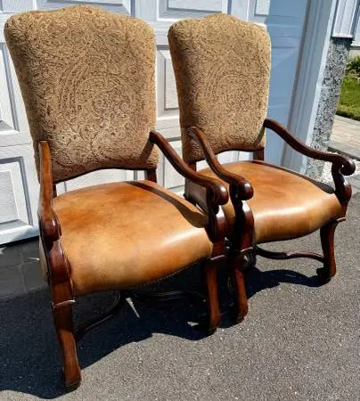 Two High Back Wood, Leather and Fabric Parlor Chairs