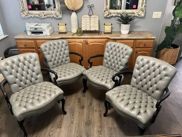 Set of 4 Gray Tufted Leather Accent Chairs – Great Condition