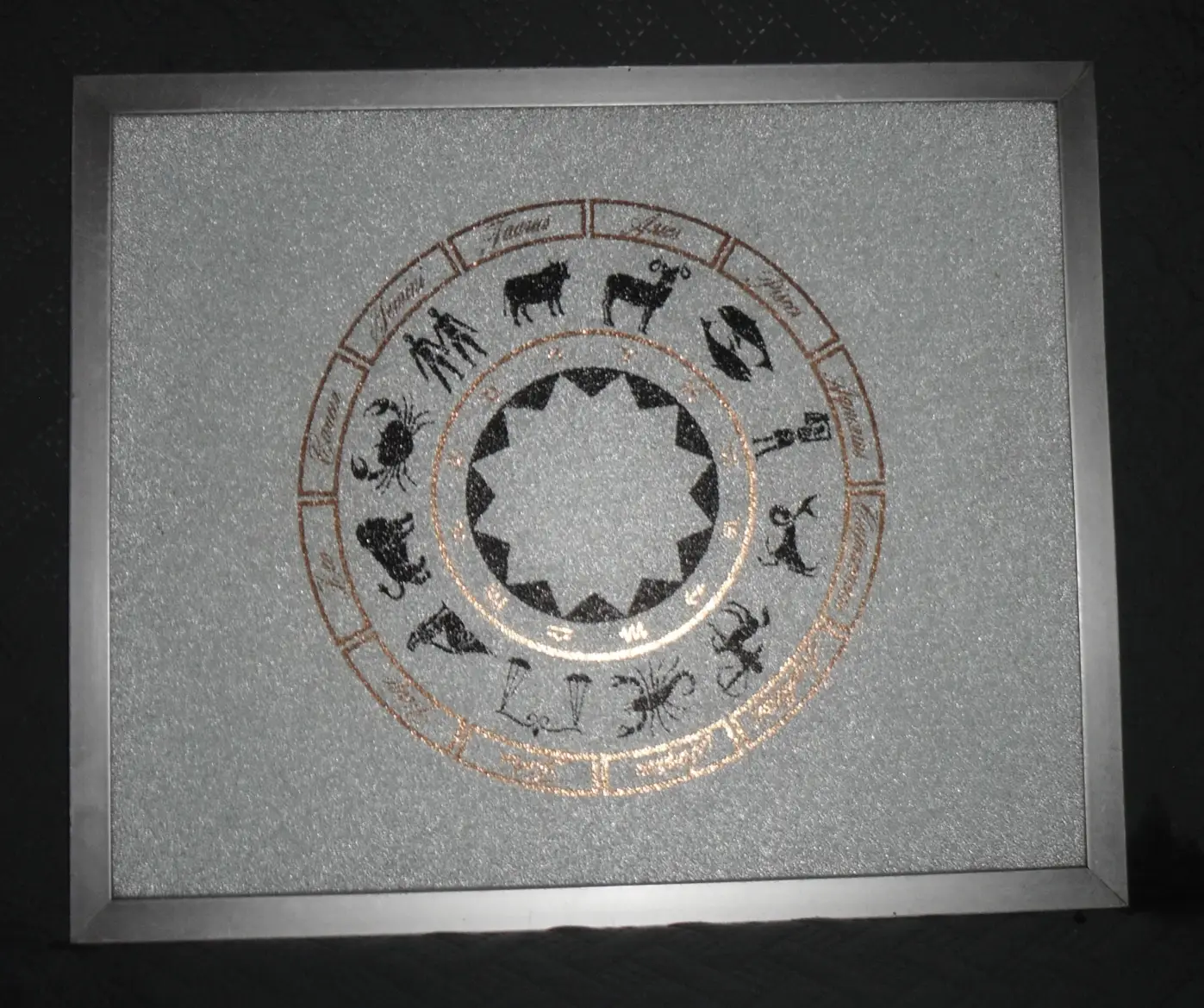 Zodiac Astrology Wheel on rippled framed glass with metal frame (MCM)