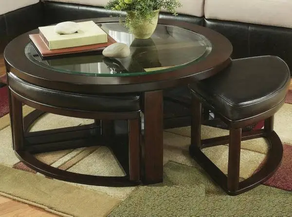 Roundhill Furniture Cylina Round Coffee Cocktail Table with Stools
