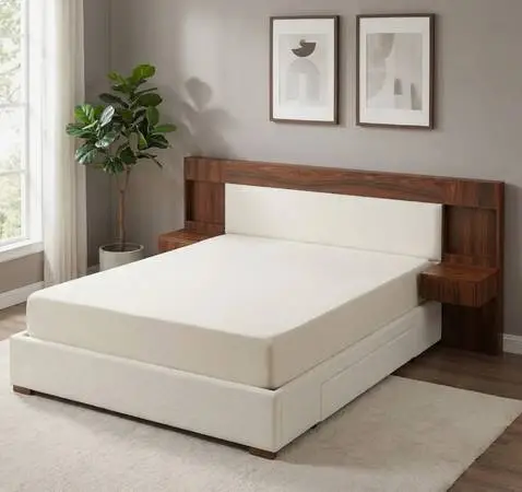 Queen Ceam Linen Upholstered Platform Bed Frame Built-in Nightstands