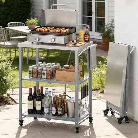 3-Tier Folding Outdoor Grill Table, Rolling Pizza Oven Table with 27 x 18 Stai