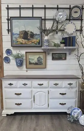 Long White Dresser w/ Dark Stained Top
