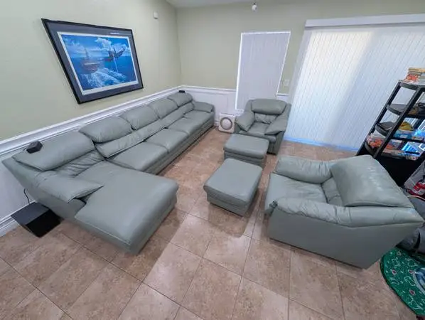 5-Pc Sage Green Leather Sectional Set + 2 Chairs & Ottomans