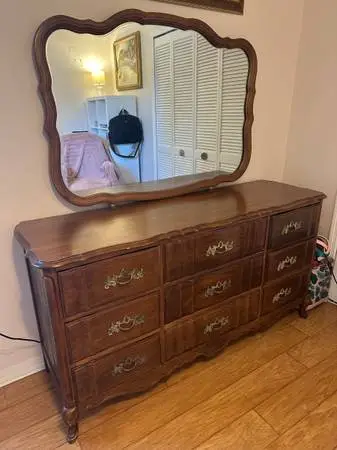 Vintage French Provincial 9-Drawer Wood Dresser with Removable Mirror