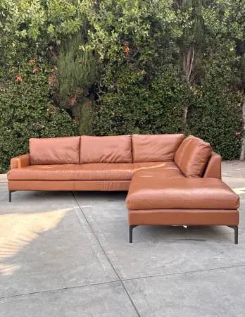 EQ3 Mid Century Modern 100% Brown Leather L-Shape Sectional Sofa Couch