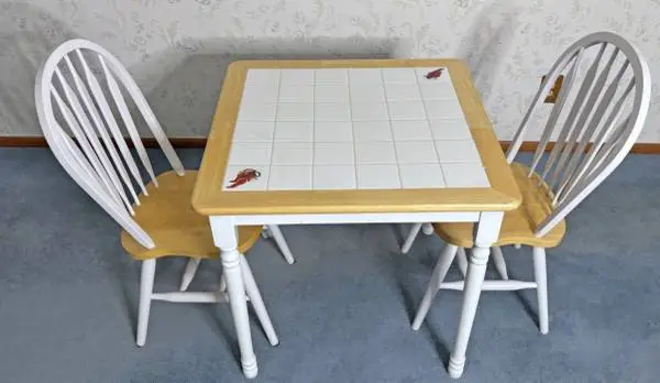 White Tile Top and Solid Wood Table with 2 Chairs