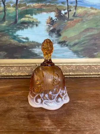 Vintage Amber and White Cased Art Glass Bell with Figural Handle