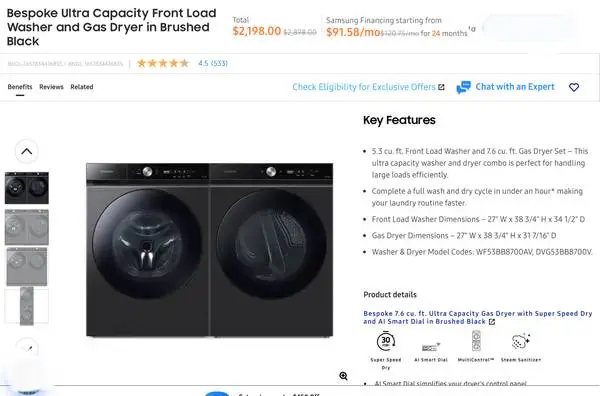 Samsung Bespoke Smart 5.3 Washer 7.6 Gas Dryer Set (Brushed  Blk) New.