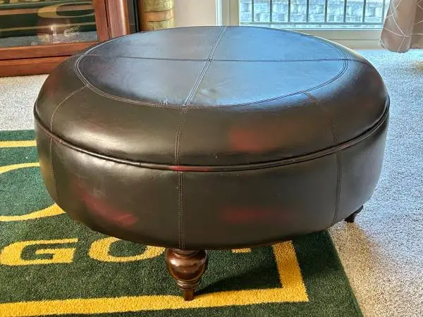 Oversized Round Leather Ottoman / Cocktail Coffee Table w/Bun Feet