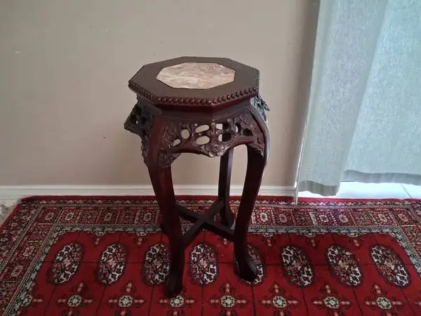 Vintage Carved Asian Rosewood and Marble Display Stand  - Plant Stand.