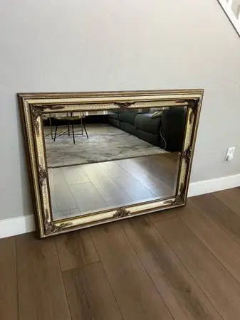 49x39 Extra Large Vintage Crackled Cream Ivory & Gold Ornate Beveled Wall Mirror
