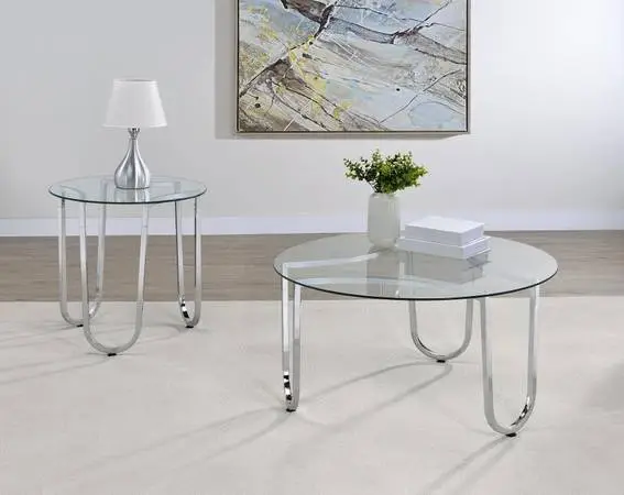**New Two-Piece Round Tempered Glass Coffee Table Set in Chrome**