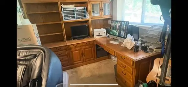 Oak office desk sectional with hutch
