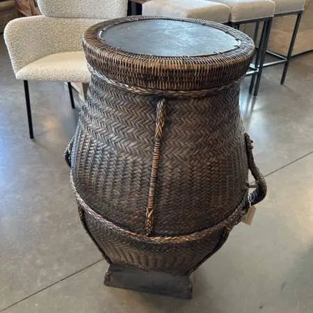 Vintage Balinese Woven Basket Talbe W/ Lizards- 26X21X32H