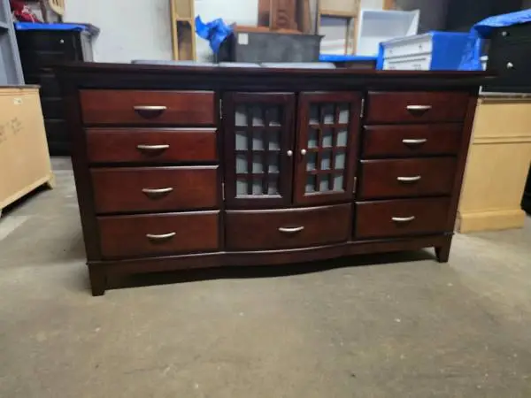 Dark Cherry 7 Drawer Dresser with Glass Doors