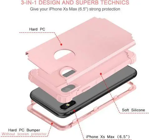 iPhone Xs Max Phone Cases 3 in1 Hybrid Heavy Duty-Rose Gold/Pink