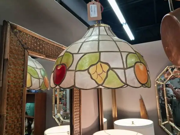 Vintage 1970S Capiz Shell Retro Hanging Light Tiffany Style.
