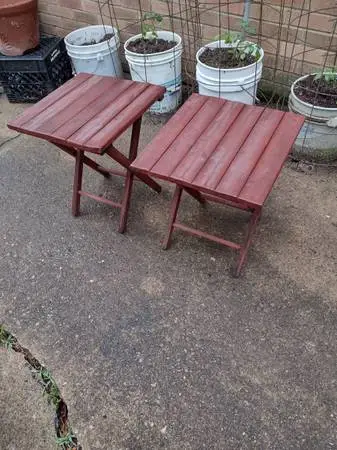 Pair of redwood patio tables