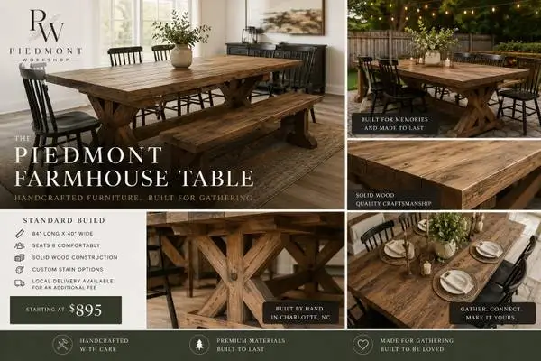 Handcrafted Farmhouse Dining Table | Solid Wood | Built in Charlotte