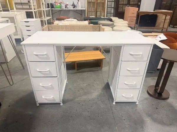 Ebern Designs White Home Office Desk 8 Spacious Fabric Drawers Modern