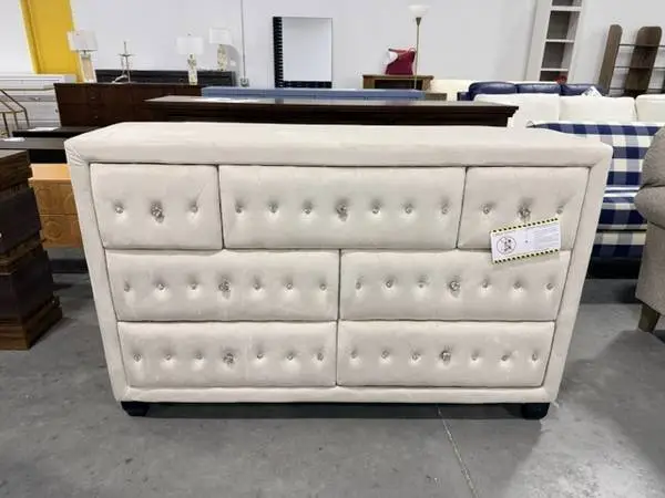 Rausch Sophia 7 Drawer Dresser Cream Upholstered Elegant Crystal Knobs