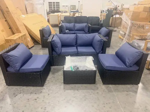 Waroom Outdoor 5 Piece Black Rattan Navy Blue Patio Furniture Set