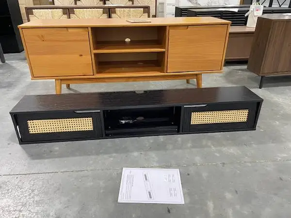 Hamkke Boho Black Rattan 2-Door 58 Floating TV Stand Shelf Brand New