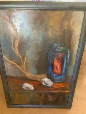 Moody Mid-Century Still Life Oil On Board Painting Framed