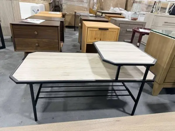 WE 44 Birch Wood And Metal Tiered Coffee Table Chamfered Corners