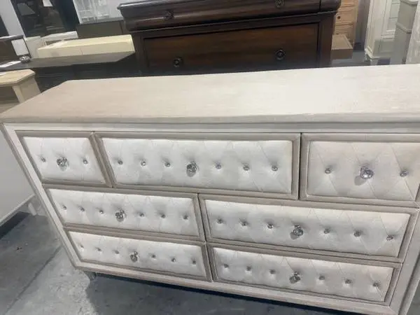 Willa Arlo Boykins 7 Drawer Upholstered Dresser Ivory Camel W/ Mirror