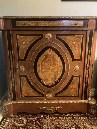 French Boulle Style Inlaid Hand Painted Cabinet- Brass Mounts 36X38X15