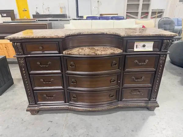 Crown Mark Traditional 11-Drawer Marble Top Dresser Chest Dark Walnut