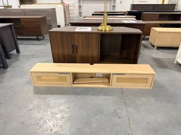 Hamkke Boho Coastal Oak Rattan 2-Door 58 Floating TV Stand Shelf