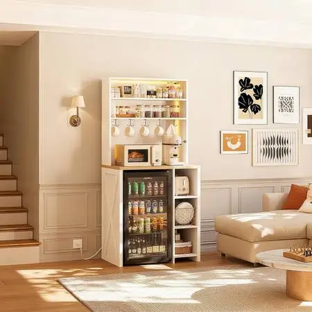 Bakers Rack with Mini Fridge Space, 69.3 Microwave Stand, White | 7-Tier Coffee