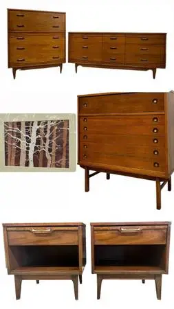 Vintage Mid Century Modern Credenza Dresser Sofa Table Rug Desk Art Painting (Bi