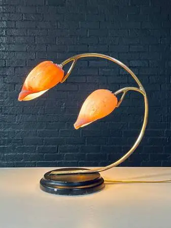 Hollywood Regency Brass Arch Table Lamp w/ Authentic Seashell Shades,