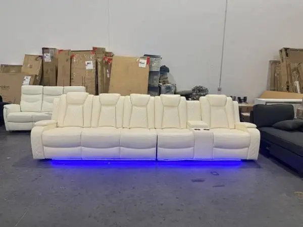Cream Power Recliner Theatre Sofa Set With LED Lights USB Ports