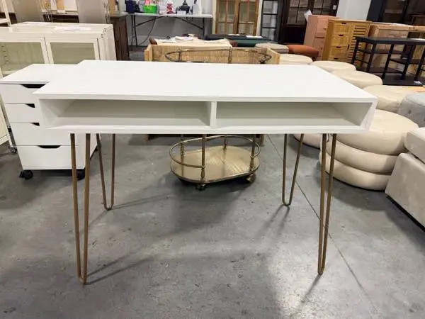 Hairpin Writing Desk with Storage White & Brushed Gold